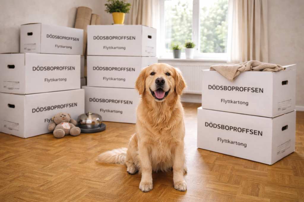 Omplacering av hund i ett dödsbo - Hund vid flyttlådor